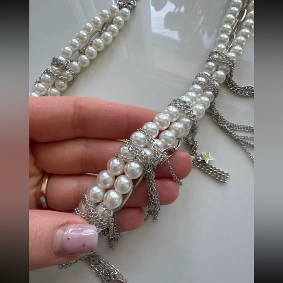 Anthropologie Star Tassel Multilayer Silver Pearl Necklace Tik tok Famous - Picture 7 of 8